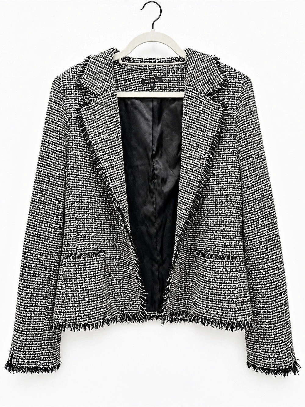 Daisy Fuentes Moda Black White Tweed Fringe Blazer Jacket Size 16